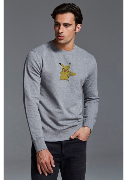 Pokemon Pikachu Baskılı Gri Erkek Örme Sweatshirt Uzun Kol