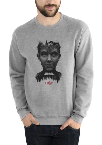 Stranger Things The Upside Down Baskılı Gri Erkek Örme Sweatshirt Uzun Kol