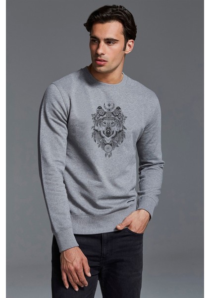Siyah Kurt Illüstrasyon Gri Kurt Tişört Baskılı Gri Erkek Örme Sweatshirt Uzun Kol