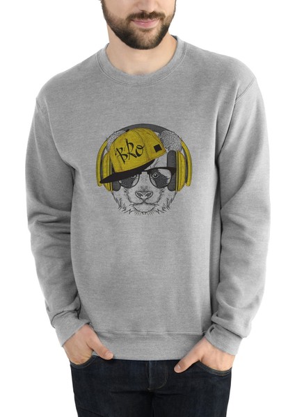 Kulaklık ve Hip Hop Şapkalı Sevimli Baskılı Gri Erkek Örme Sweatshirt Uzun Kol