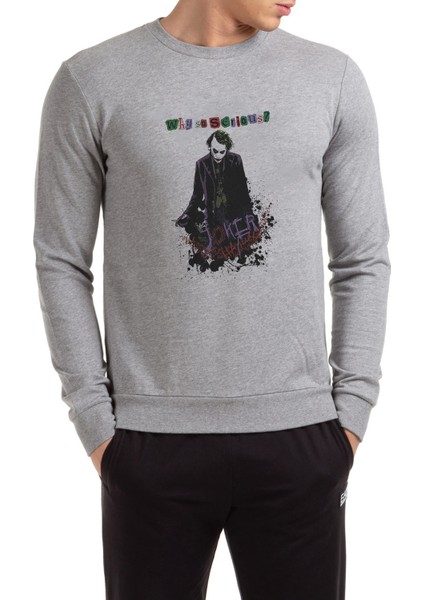 Joker 1 Baskılı Gri Erkek Örme Sweatshirt Uzun Kol