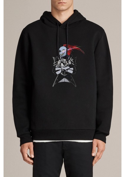 Undertale Undyne The Undying Baskılı Siyah Erkek Örme Kapşonlu Sweatshirt Uzun Kol