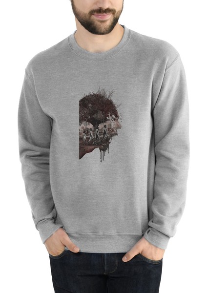 The Walking Dead The Telltale Definitive Baskılı Gri Erkek Örme Sweatshirt Uzun Kol