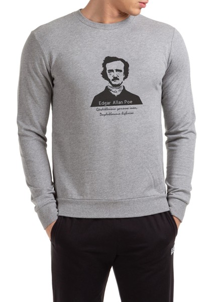 Edgar Allan Poe Baskılı Gri Erkek Örme Sweatshirt Uzun Kol