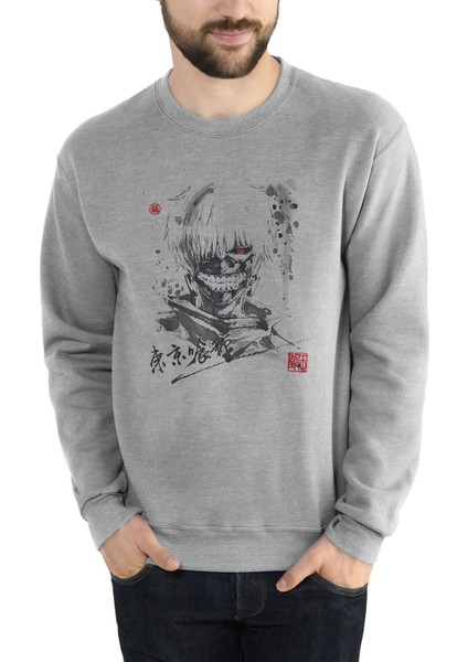 Anime Tokyo Ghoul Anteiku Baskılı Gri Erkek Örme Sweatshirt Uzun Kol