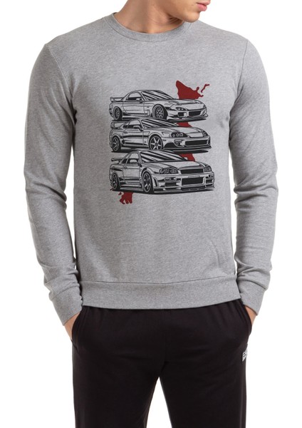 Nissan Skyline R34 Gtr Toyota Supra Baskılı Gri Erkek Örme Sweatshirt Uzun Kol