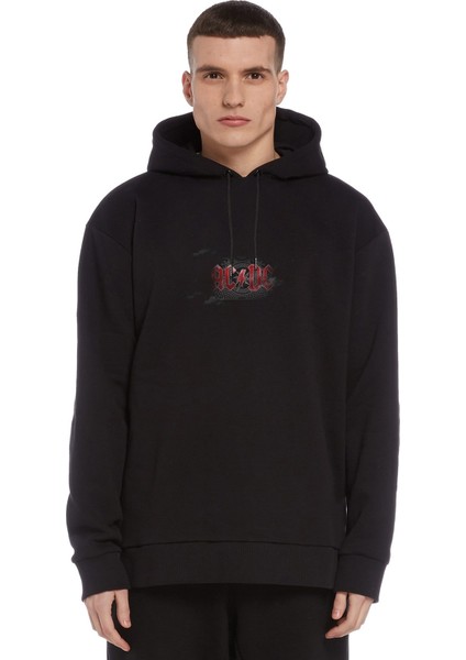 Ac Dc Awesome Black Ice Fondo Baskılı Siyah Erkek Örme Kapşonlu Sweatshirt Uzun Kol
