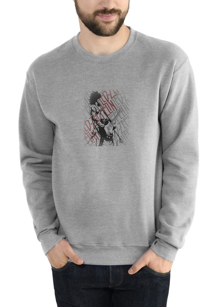 LED Zeppelın T Jımmy Page Metal Baskılı Gri Erkek Örme Sweatshirt Uzun Kol