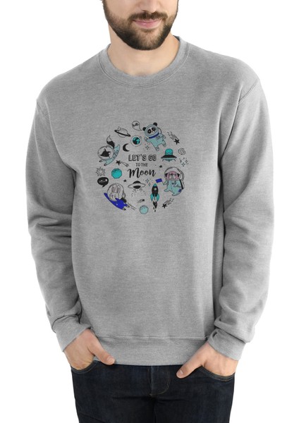 Let's Go To The Moon Baskılı Gri Erkek Örme Sweatshirt Uzun Kol