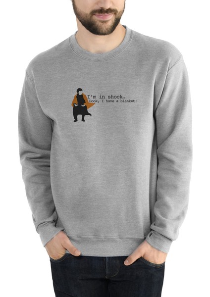 Sherlock Shock Blanket Baskılı Gri Erkek Örme Sweatshirt Uzun Kol