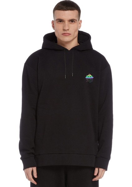 Unicorn Dream Baskılı Siyah Erkek Örme Kapşonlu Sweatshirt Uzun Kol