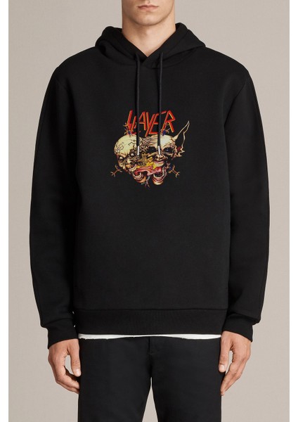 Slayer Death Metal Heavy Thrash Dark Baskılı Siyah Erkek Örme Kapşonlu Sweatshirt Uzun Kol