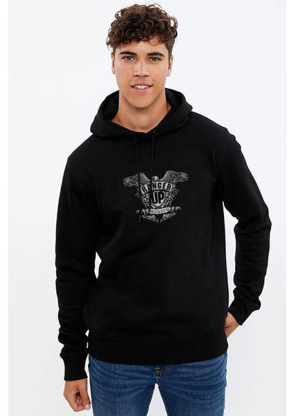 Us Army Logo Baskılı Siyah Erkek Örme Kapşonlu Sweatshirt Uzun Kol