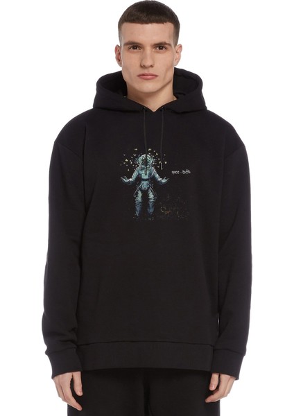 Space Bond Baskılı Siyah Erkek Örme Kapşonlu Sweatshirt Uzun Kol