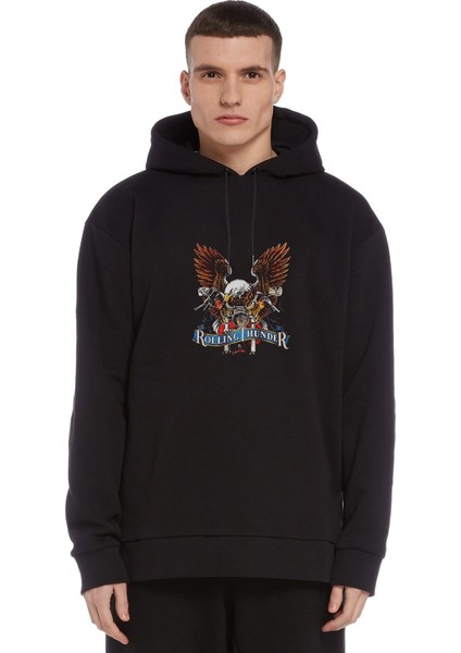 Rolling Thunder Baskılı Siyah Erkek Örme Kapşonlu Sweatshirt Uzun Kol