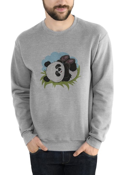 Panda Baskılı Gri Erkek Örme Sweatshirt Uzun Kol