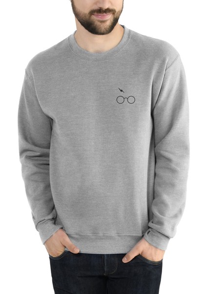 H P Gözlük Şimşek Baskılı Gri Erkek Örme Sweatshirt Uzun Kol