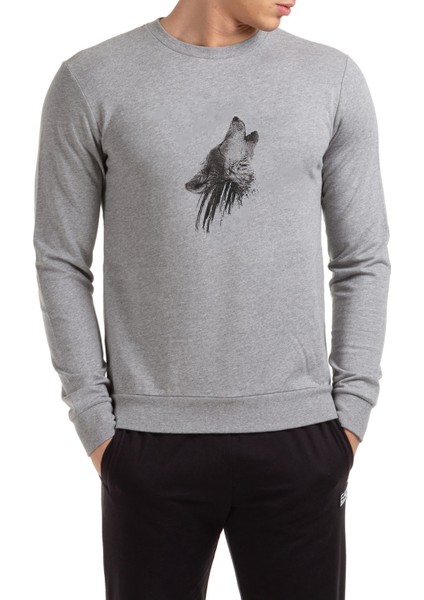 Wolf Head Tattoo Images Kurt Baskılı Gri Erkek Örme Sweatshirt Uzun Kol