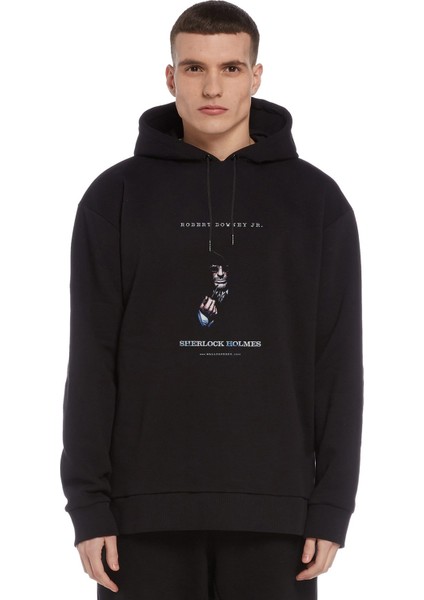 Sherlock Holmes 4 Baskılı Siyah Erkek Örme Kapşonlu Sweatshirt Uzun Kol