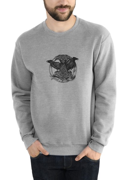 Viking Mitolojisi Odin Raven Baskılı Gri Erkek Örme Sweatshirt Uzun Kol