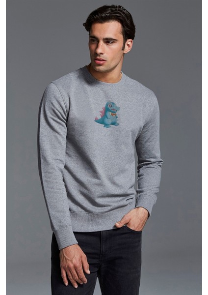 Pokemon Totodile Çizimi Totodile Pokemon Baskılı Gri Erkek Örme Sweatshirt Uzun Kol