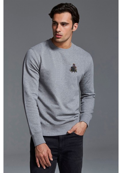 Queen Upgrade Göğüs Baskılı Gri Erkek Örme Sweatshirt Uzun Kol