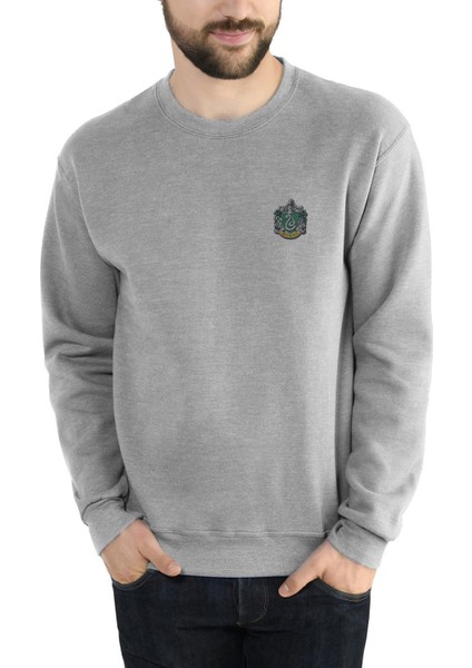 Hogwarts Slytherin Baskılı Gri Erkek Örme Sweatshirt Uzun Kol