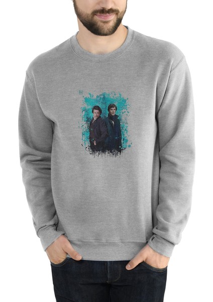 Sherlock x John Baskılı Gri Erkek Örme Sweatshirt Uzun Kol