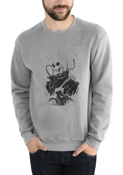 Ghost Rider Motorsikletci Rider Skull Kurukafa Baskılı Gri Erkek Örme Sweatshirt Uzun Kol