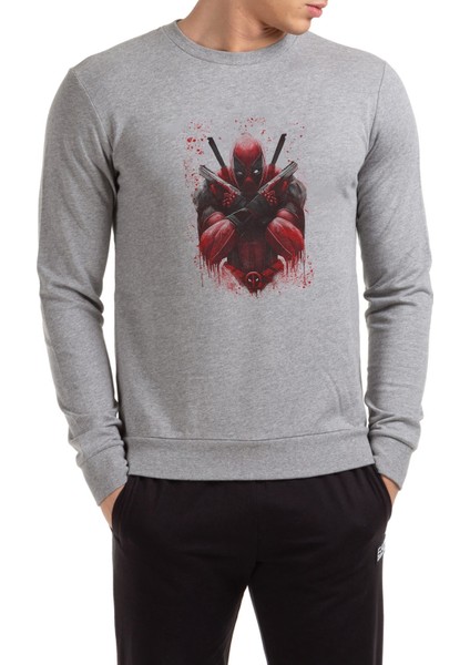 Deadpool Two Guns Baskılı Gri Erkek Örme Sweatshirt Uzun Kol