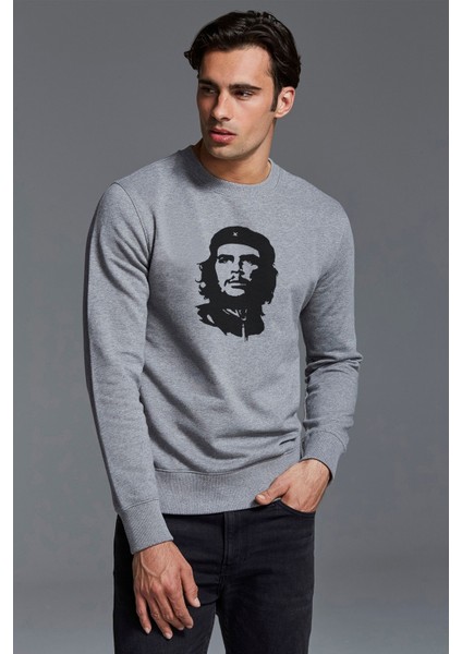 Che Guevara Baskılı Gri Erkek Örme Sweatshirt Uzun Kol