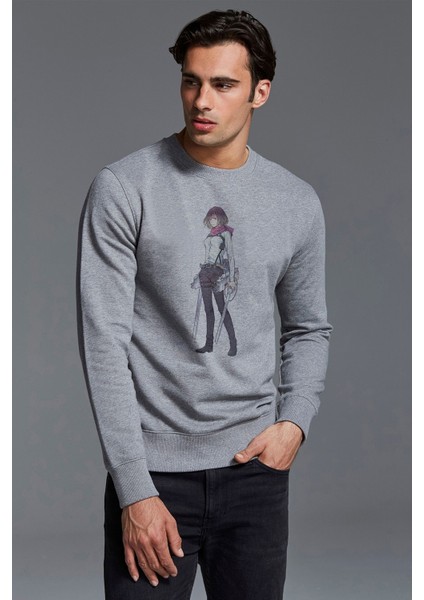 Anime Attack On Titan Baskılı Gri Erkek Örme Sweatshirt Uzun Kol