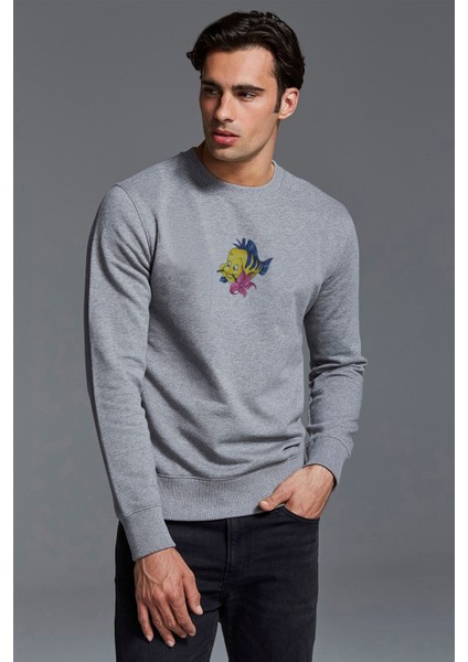 Küçük Denizkızı Pisi Balığı Küçük Deniz Baskılı Gri Erkek Örme Sweatshirt Uzun Kol