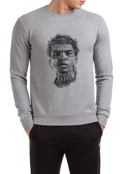 Muhammed Ali Illustrator Baskılı Gri Erkek Örme Sweatshirt Uzun Kol