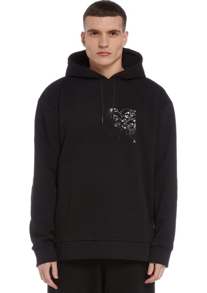 Computer Skull Baskılı Siyah Erkek Örme Kapşonlu Sweatshirt Uzun Kol