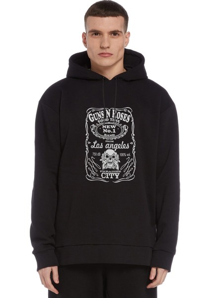 Guns N Roses Paradise Baskılı Siyah Erkek Örme Kapşonlu Sweatshirt Uzun Kol