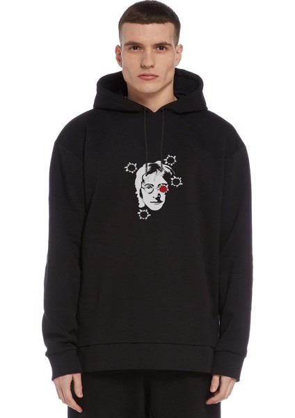 John Lennon Baskılı Siyah Erkek Örme Kapşonlu Sweatshirt Uzun Kol
