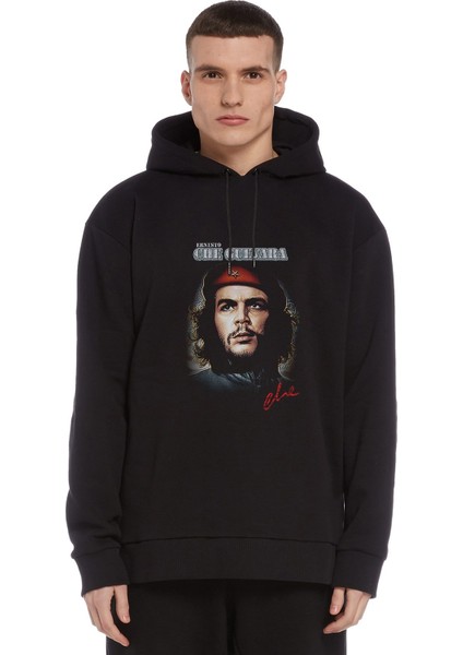 Che Guevara Metal Rock Baskılı Siyah Erkek Örme Kapşonlu Sweatshirt Uzun Kol