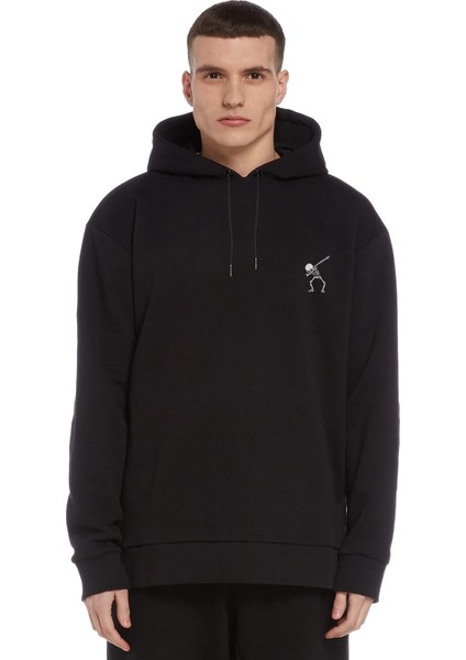 Kurukafa Skull Lockscreen Baskılı Siyah Erkek Örme Kapşonlu Sweatshirt Uzun Kol
