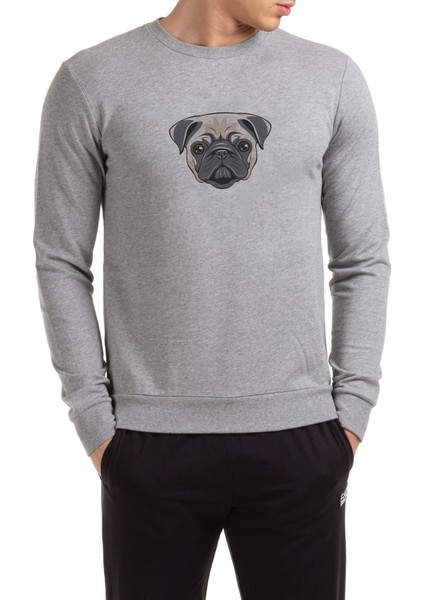 Dog Head Köpek Baskılı Gri Erkek Örme Sweatshirt Uzun Kol
