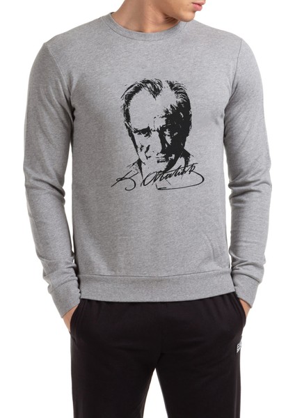 Atatürk 23 Nisan Baskılı Gri Erkek Örme Sweatshirt Uzun Kol