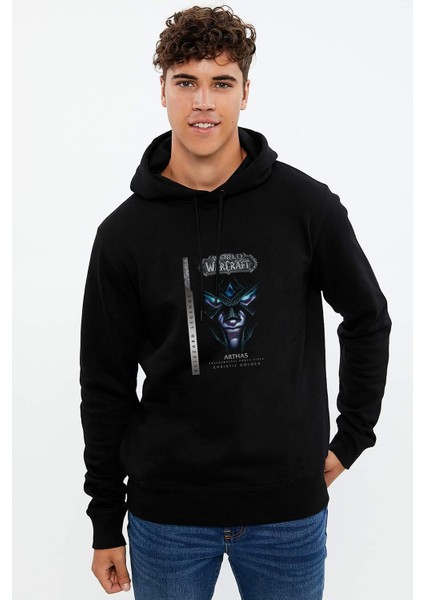 World Warcraft Arthas Baskılı Siyah Erkek Örme Kapşonlu Sweatshirt Uzun Kol