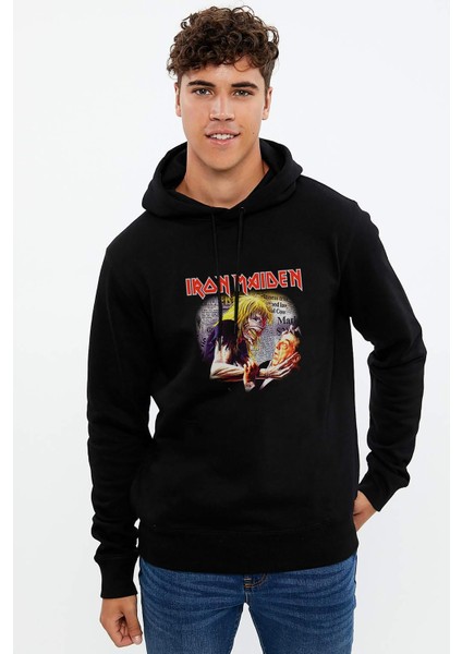 Maıden Eddıe Newspaper Metal Baskılı Siyah Erkek Örme Kapşonlu Sweatshirt Uzun Kol