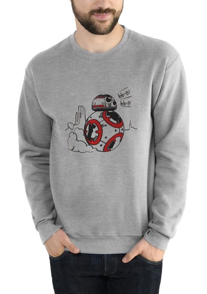 Star Wars Bb 8 Keçeli Baskılı Gri Erkek Örme Sweatshirt Uzun Kol