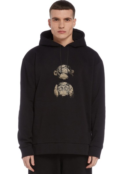 Three Monkeys 3 Monkeys Baskılı Siyah Erkek Örme Kapşonlu Sweatshirt Uzun Kol