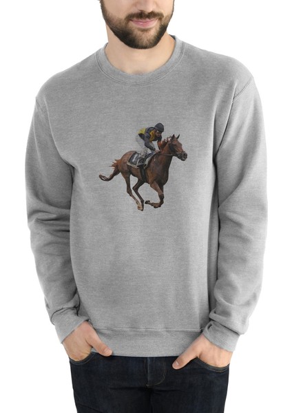 At Yarışı Jokey Baskılı Gri Erkek Örme Sweatshirt Uzun Kol