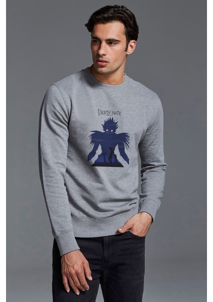 Death Note Baskılı Gri Erkek Örme Sweatshirt Uzun Kol