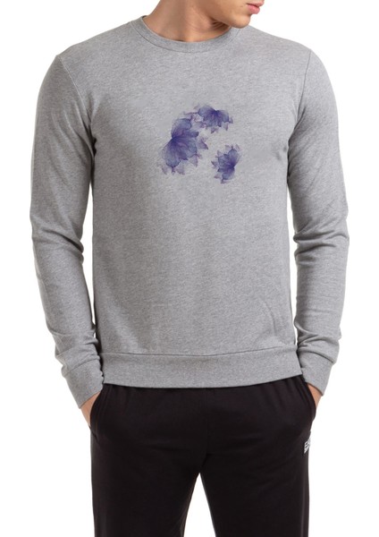 Illustrator Öklid Lavanta Çiçek Kozmetik Mor Baskılı Gri Erkek Örme Sweatshirt Uzun Kol