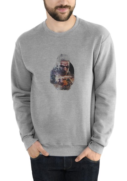 The Witcher Smartphone Baskılı Gri Erkek Örme Sweatshirt Uzun Kol