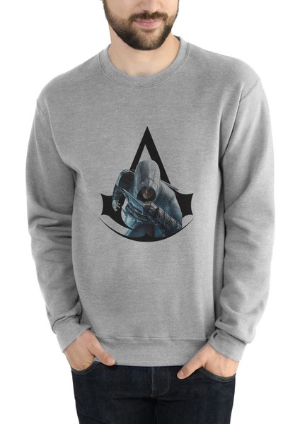Assassins Creed Sanat Assassins Creed Baskılı Gri Erkek Örme Sweatshirt Uzun Kol